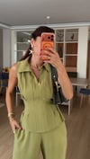 Haki  Tensel Belden Oturtma Pileli Bluz Takım 