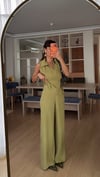 Haki  Tensel Belden Oturtma Pileli Bluz Takım 