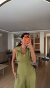 Haki  Tensel Belden Oturtma Pileli Bluz Takım 