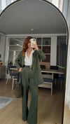 HAKİ YEŞİLİ PİLE DETAY PALAZZO PANTOLON  OVERSİZE  ASTARLI CEKET TAKIM ELBİSE 