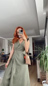 Haki Yıkamalı Keten Gabardin Kruvaze Elbise