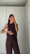 Kahve Bağlamalı Rahat Pantolon Kolsuz Bluz Takım 