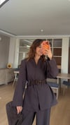 Kahve Bel Kemer Detaylı Ceket Bel Lastikli Pantolon Takım 
