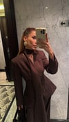 Kahve Belden Oturtma Ceket Palazzo Takım Şal Aksesuarlı 