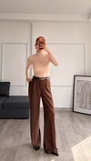 Kahve  Beli Lastikli Kemerli Bol Pantolon