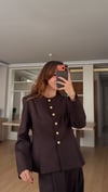 Kahve  Gold Çiçek Düğmeli Pileli Ceket Cepli Pileli Pantolon Takım 