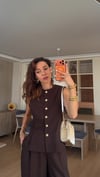 Kahve Gold Düğmeli  Yelek Pantolon Takım 