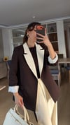 Kahve  Krem Geçişli Blazer Garnili Palazzo Takım Elbise 