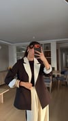 Kahve  Krem Geçişli Blazer Garnili Palazzo Takım Elbise 