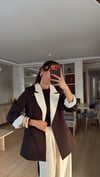 Kahve  Krem Geçişli Blazer Garnili Palazzo Takım Elbise 