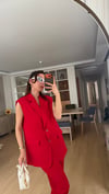 Kırmızı Kahve Uzun Vatkalı Yelek Havuç  Pantolon Takım 