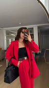KIRMIZI PALAZZO PANTOLON  OVERSIZE ASTARLI CEKET TAKIM1