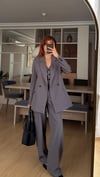 KOYU FÜME YELEKLİ  OVERSIZE CEKET YELEKLİ  PİLE DETAY PALAZZO OVERSİZE CEKET TAKIM ELBİSE
