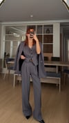 KOYU FÜME YELEKLİ  OVERSIZE CEKET YELEKLİ  PİLE DETAY PALAZZO OVERSİZE CEKET TAKIM ELBİSE