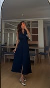 Kruvaze Lacivert Çizgili Tensel Elbise 