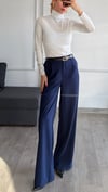 Lacivert Beli Lastikli Kemerli Bol Pantolon