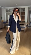 Lacivert Krem Geçişli Blazer Garnili Palazzo Takım Elbise 