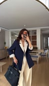 Lacivert Krem Geçişli Blazer Garnili Palazzo Takım Elbise 
