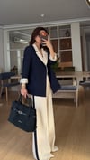 Lacivert Krem Geçişli Blazer Garnili Palazzo Takım Elbise 