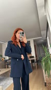 LACİVERT YELEKLİ PİLE DETAY PALAZZO OVERSİZE CEKET TAKIM ELBİSE 