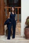 LACİVERT YELEKLİ PİLE DETAY PALAZZO OVERSİZE CEKET TAKIM ELBİSE