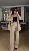 LATTE BEJ PİLE DETAY PALAZZO PANTOLON  OVERSİZE  ASTARLI CEKET TAKIM ELBİSE1