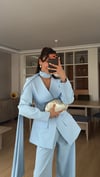 Mavi Belden Oturtma Ceket Palazzo Takım Şal Aksesuarlı 