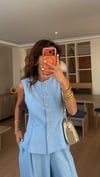 Mavi Gold Düğmeli  Yelek Pantolon Takım 