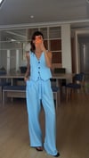 Mavi Keten Rahat Bağlamalı Yelek Pantolon Takım 