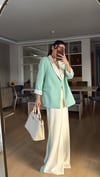 Mint Yeşili Krem Geçişli Blazer Garnili Palazzo Takım Elbise 