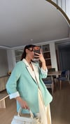 Mint Yeşili Krem Geçişli Blazer Garnili Palazzo Takım Elbise 
