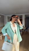 Mint Yeşili Krem Geçişli Blazer Garnili Palazzo Takım Elbise 
