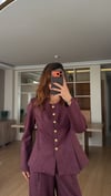 Mürdüm Gold Çiçek Düğmeli Pileli Ceket Cepli Pileli Pantolon Takım 
