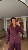 Mürdüm Gold Çiçek Düğmeli Pileli Ceket Cepli Pileli Pantolon Takım 