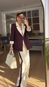 Mürdüm Krem Geçişli Blazer Garnili Palazzo Takım Elbise 