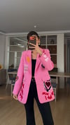Pembe  Nakışlı Yazılı Tasarım Astarlı Blazer
