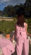 PEMBE YELEKLİ ÇİZGİLİ PİLE DETAY PALAZZO OVERSİZE CEKET TAKIM ELBİSE 