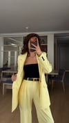 SARI  PİLE DETAY PALAZZO PANTOLON  OVERSİZE  ASTARLI CEKET TAKIM ELBİSE1
