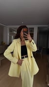 SARI  PİLE DETAY PALAZZO PANTOLON  OVERSİZE  ASTARLI CEKET TAKIM ELBİSE1