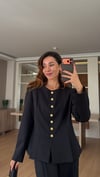 Siyah Gold Çiçek Düğmeli Pileli Ceket Cepli Pileli Pantolon Takım 