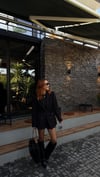 Siyah Kaşe Belden Oturtma Ayarlanır Blazer Ceket 