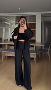 Siyah Kısa Trençkot Kemerli Pantolon Takım 