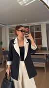 Siyah  Krem Geçişli Blazer Garnili Palazzo Takım Elbise 
