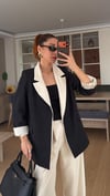 Siyah  Krem Geçişli Blazer Garnili Palazzo Takım Elbise 