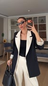 Siyah  Krem Geçişli Blazer Garnili Palazzo Takım Elbise 