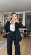 SİYAH PİLE DETAY PALAZZO PANTOLON CEKET TAKIM ELBİSE