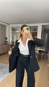 SİYAH PİLE DETAY PALAZZO PANTOLON CEKET TAKIM ELBİSE