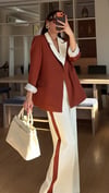 Tarçın Krem Geçişli Blazer Garnili Palazzo Takım Elbise 