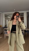 ZEYTİN YEŞİLİ PİLE DETAY PALAZZO PANTOLON  OVERSİZE  ASTARLI CEKET TAKIM ELBİSE1
