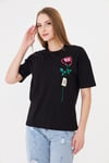  Sortie CollectionGül Baskılı Rahat Kalıp Basic T-Shirt - Siyah